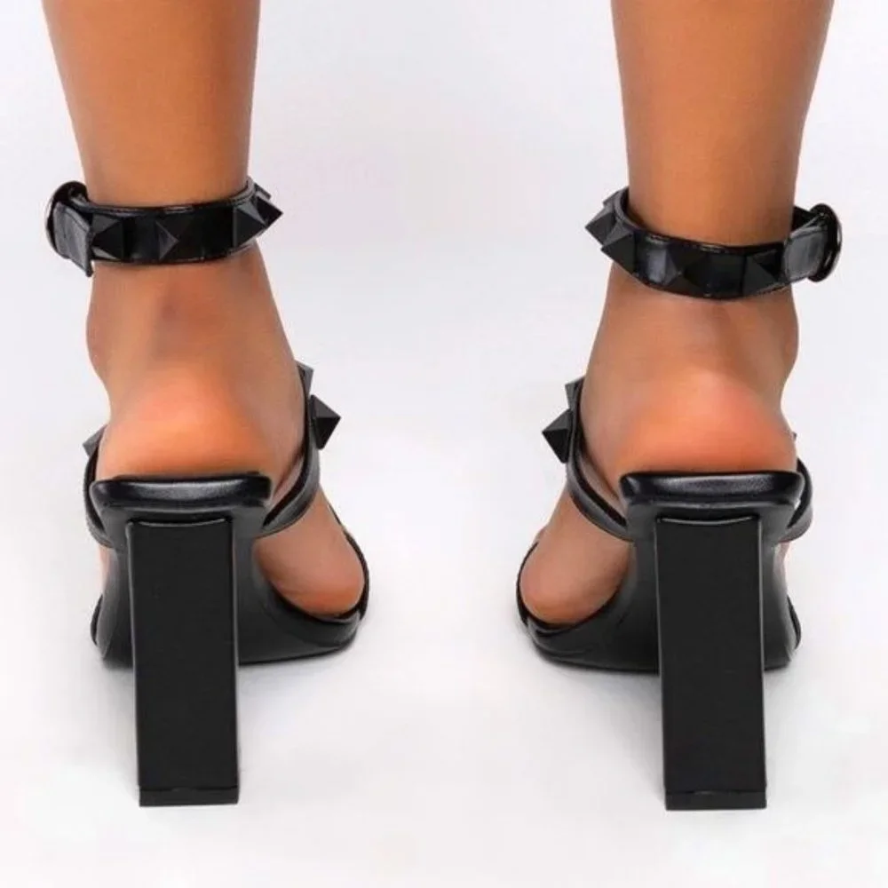 Stasia Black Rockstar: Studded Ankle Strap Chunky Heel Sandal  7 7.5 8.5 9 - Picture 3 of 6
